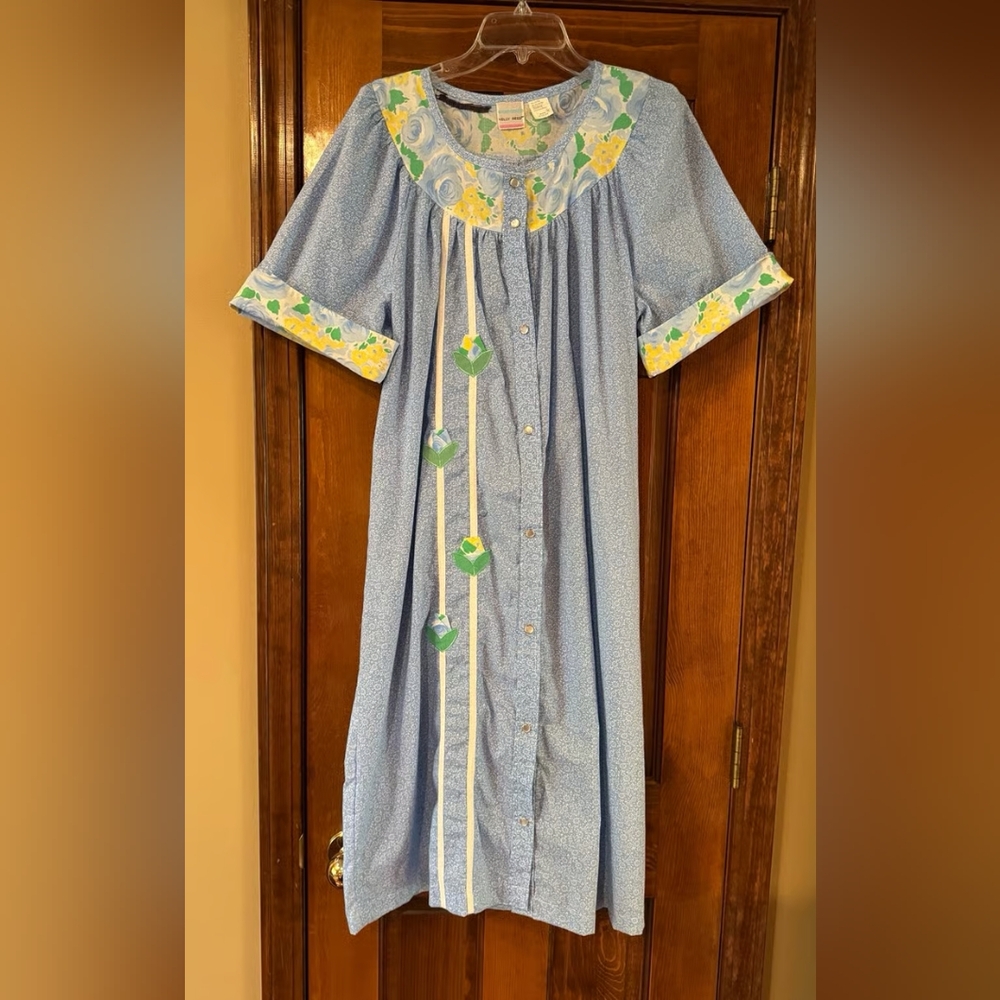 Charming Blue Button-Down Dress with Floral Trim